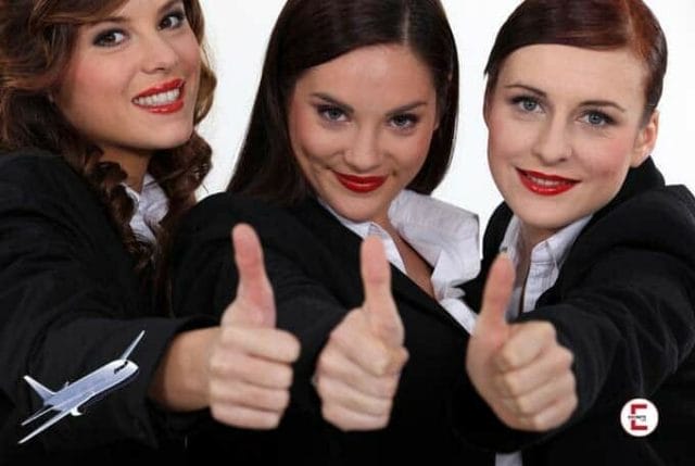 The three young stewardesses - together less than 75 years old